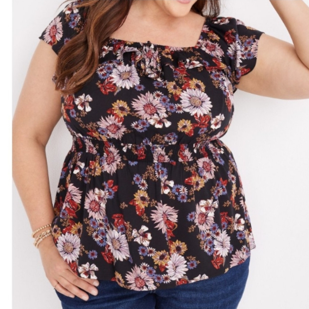 Maurices Plus Size Floral Smocked Waist Peplum Top